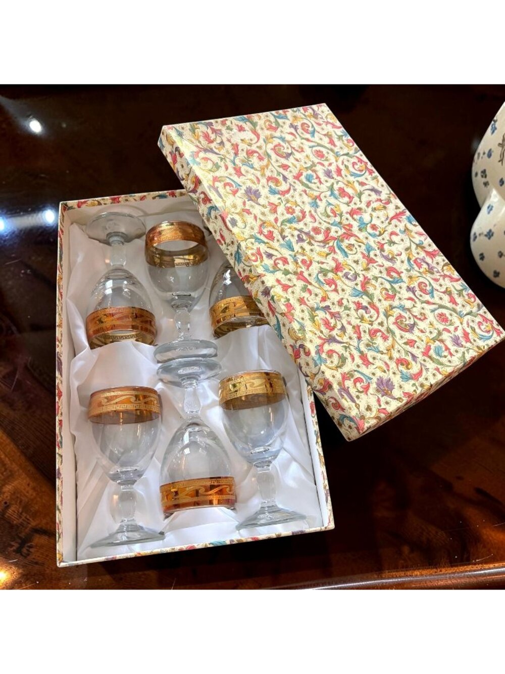 Vtg J. Preziosi Italian Wine Glass Set 24K Gold Rim Lavorato A Mano 6 Box Set